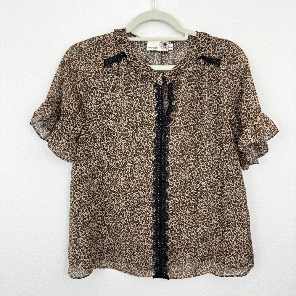 Anthro Everleigh Womens Blouse Top Size XS Lace Animal Print Flowy Sheer Black